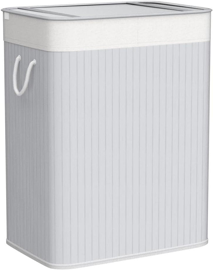 SONGMICS Wäschekorb 2 Fächer, 100 L Wäschesammler mit Deckel, Wäschebox Bambus, mit Griffen, faltbar