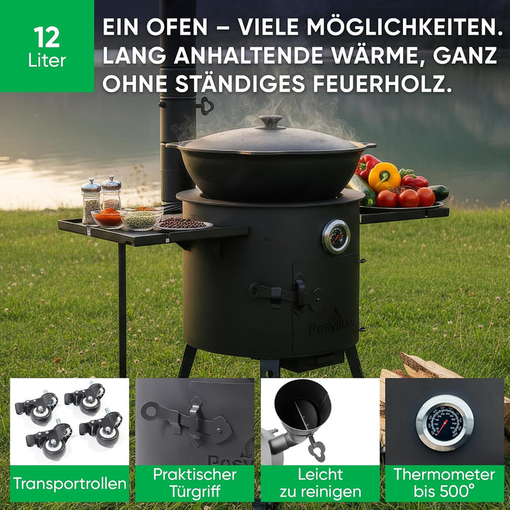 ZARENHOF Utschak Feuerofen Ø 40 cm + Gusseisen-Kasan 12 L | Boden flach | Gulaschkessel mit Kasanofe