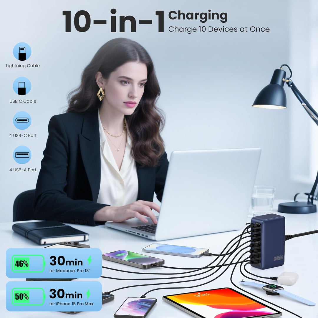 345W USB C Ladegerät Mehrfach mit Einziehbarem Ladekabel, 10-in-1 GaN VI Ladestation, PD/PPS/QC Schn
