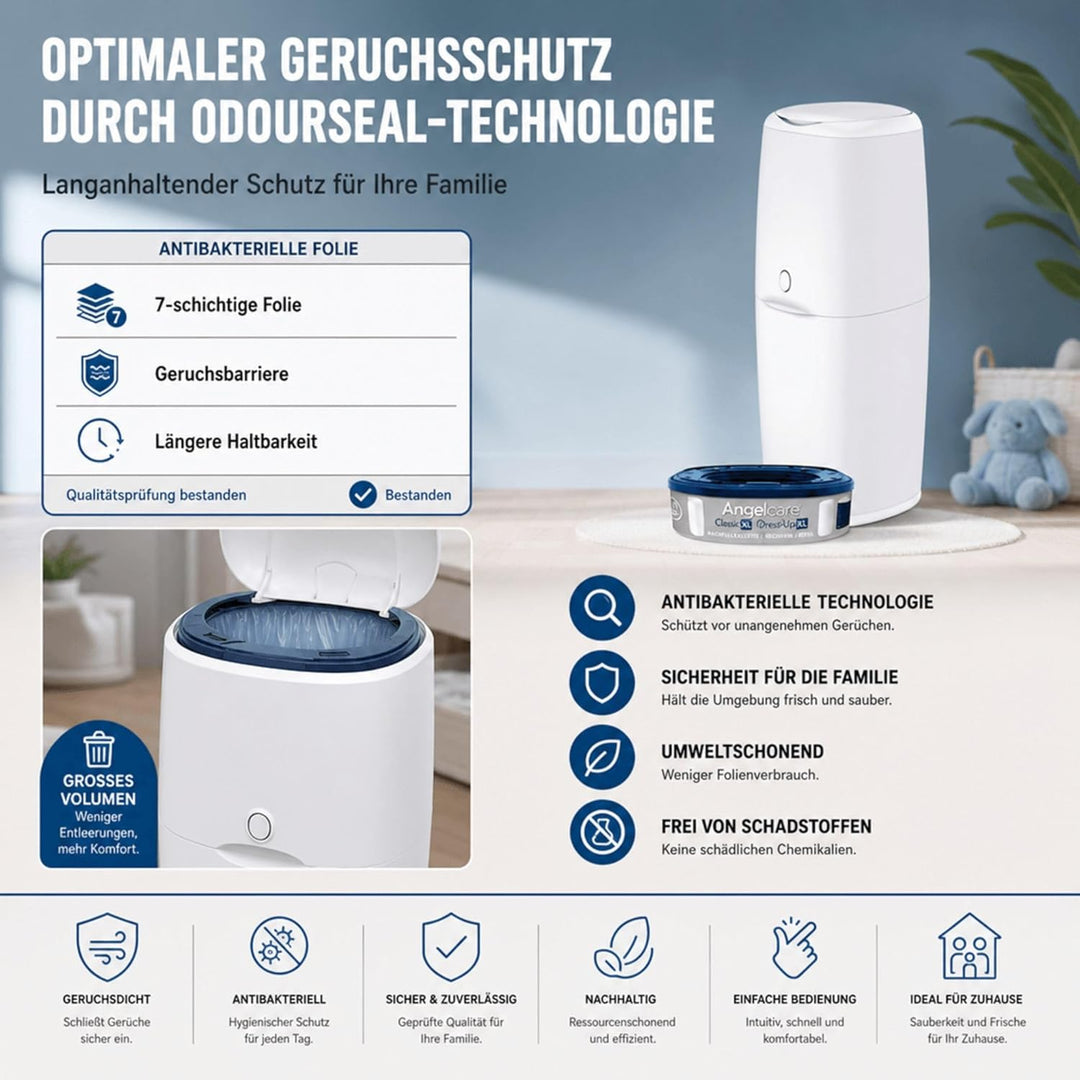 Angelcare Windeleimer Classic XL | komfortabel | Nachfüllkassette mit optimalen Geruchsschutz | 7-sc