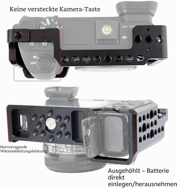 NICEYRIG Aluminium Kamera Käfig für Sony A6100 A6400 A6300 A6000 NEX7 mit 1/4” Gewinde und Cold Shoe