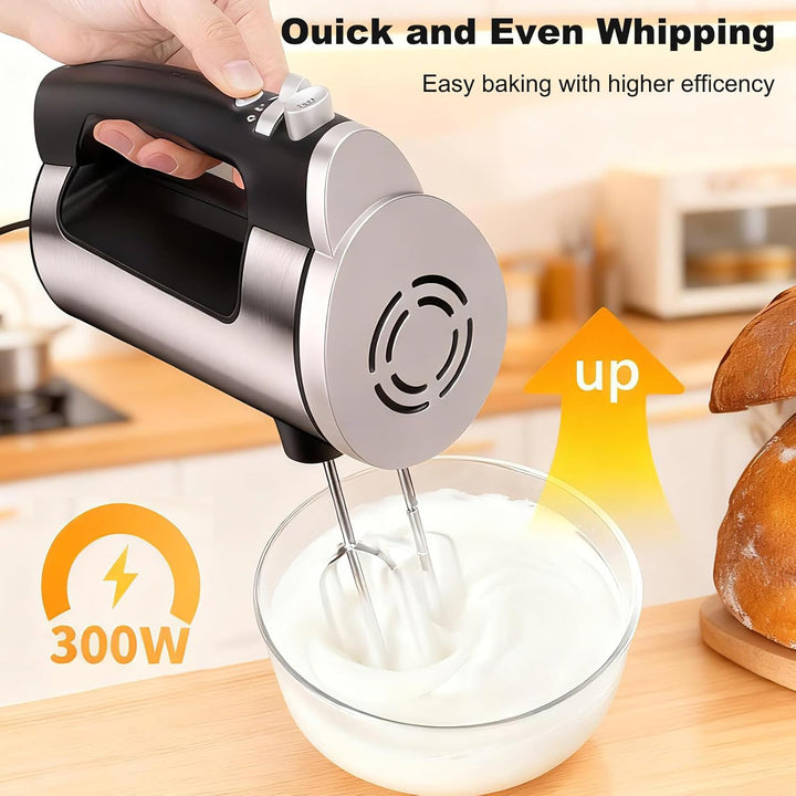 VINATO Elektrischer Handmixer, 300W mit 6 Stufen, 2 Edelstahl-Rührbesen & Knethaken | Für Teig, Eier