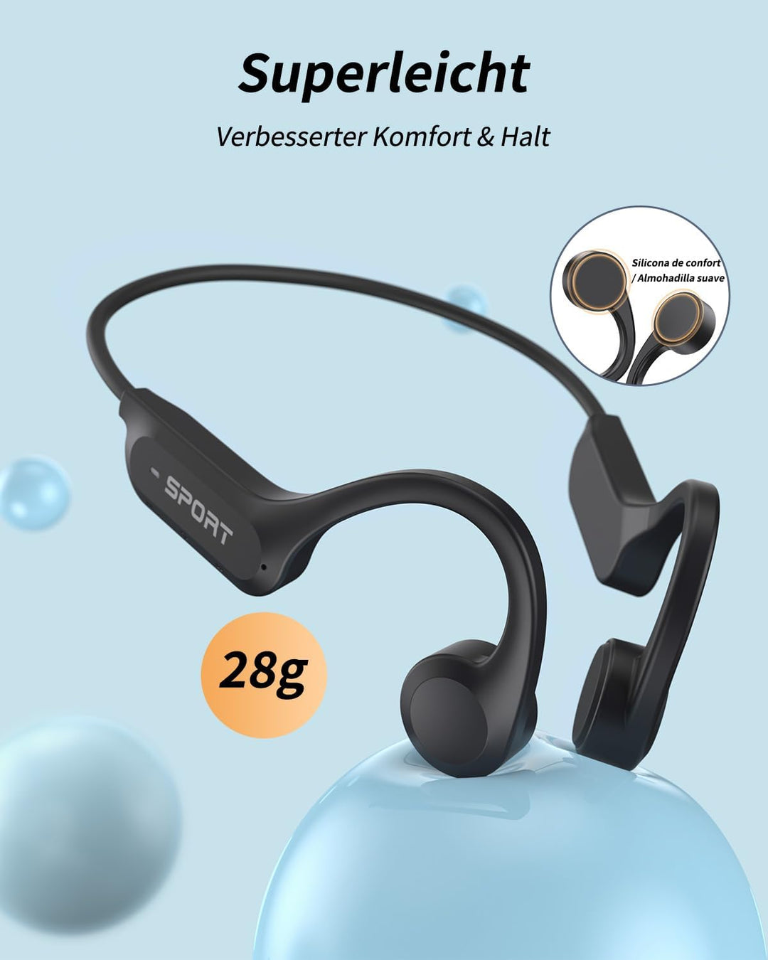 Knochenschall Kopfhörer, Offene Kopfhörer Bluetooth 6.0 Bone Conduction Open Ear Drahtloses Sport He