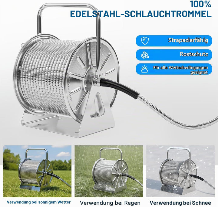 SPECILITE Schlauchtrommel Edelstahl mit 30 m Wasserschlauch, Gartenbrause und 1,9 m Zulaufschlauch,