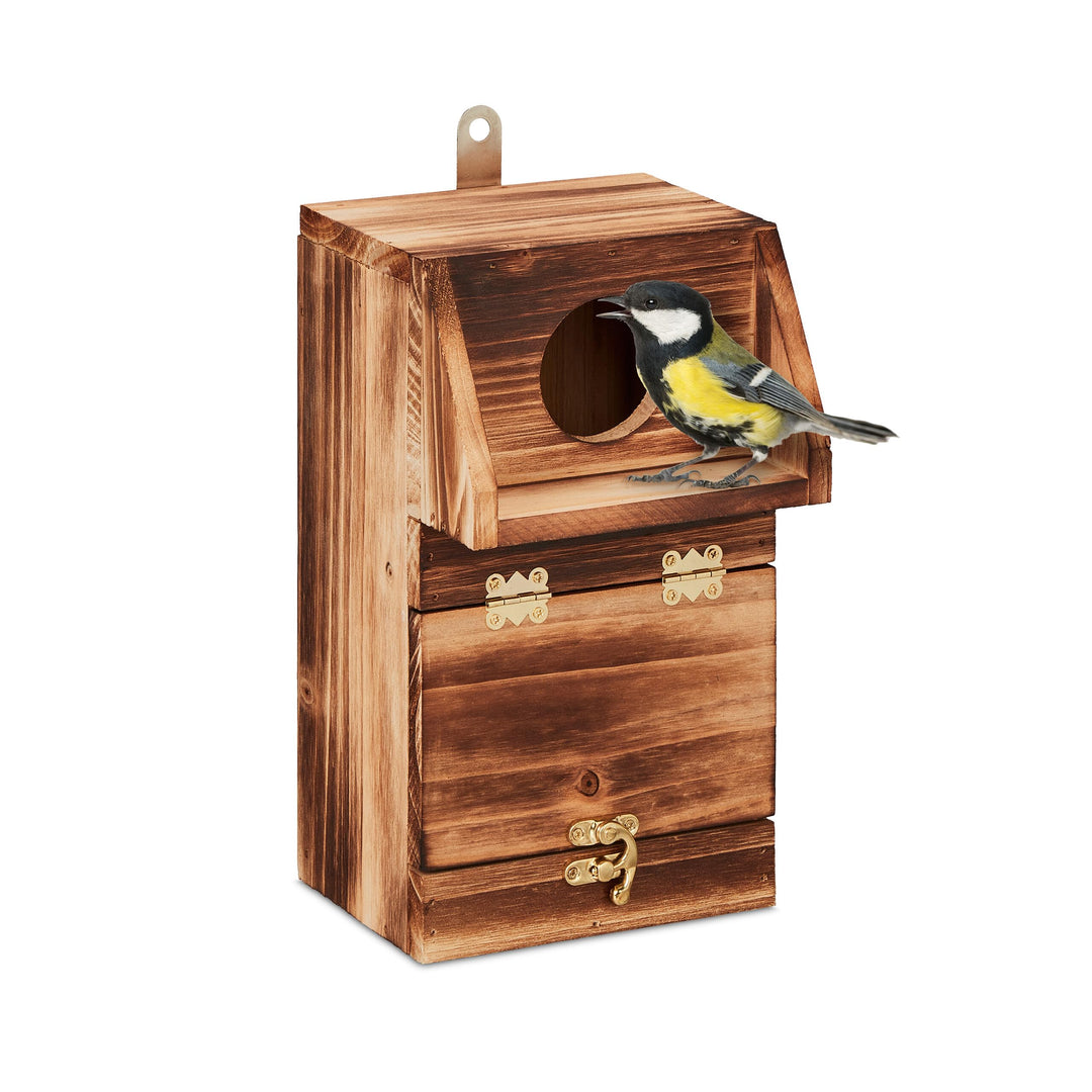 Relaxdays Nistkasten für Kohlmeise &amp; Gartenrotschwanz, mit Reinigungsklappe, Holz, Vogelnistkasten z