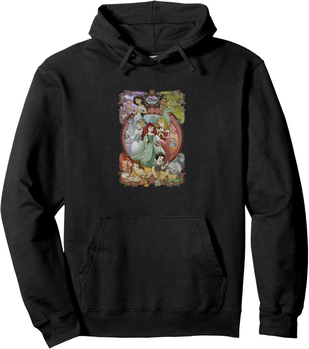 Disney Princess Group Shot Stained Glass Background Pullover Hoodie