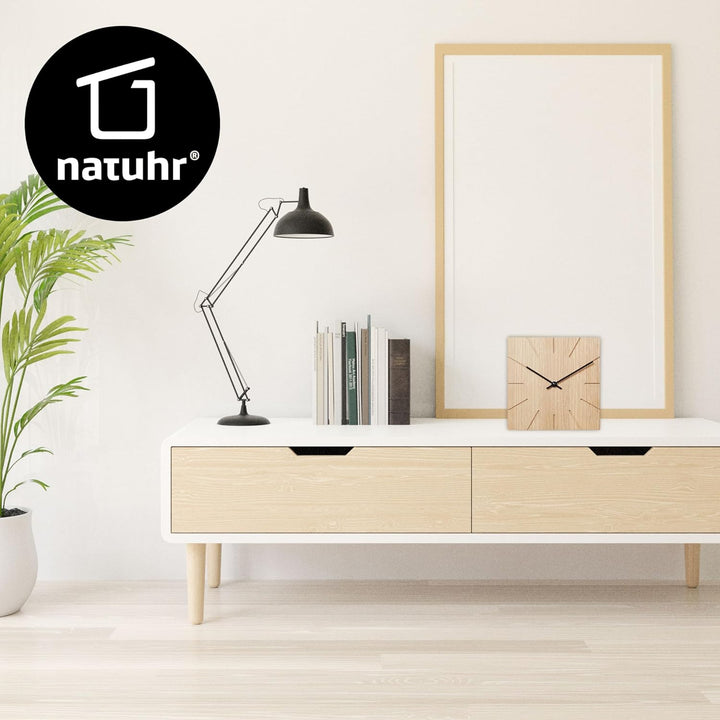 Natuhr Holzuhr Wanduhr Tischuhr Holz - Beam - geräuscharm Massivholz modern Design 17 x 17 cm (Eiche