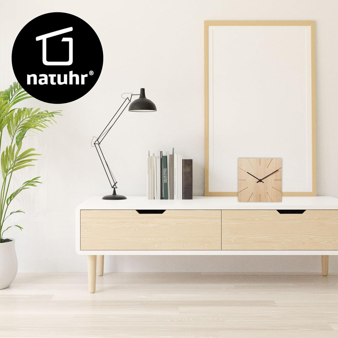 Natuhr Funkuhr Wanduhr Tischuhr Holz - Beam - geräuscharm Massivholz modern Design 17 x 17 cm (Eiche