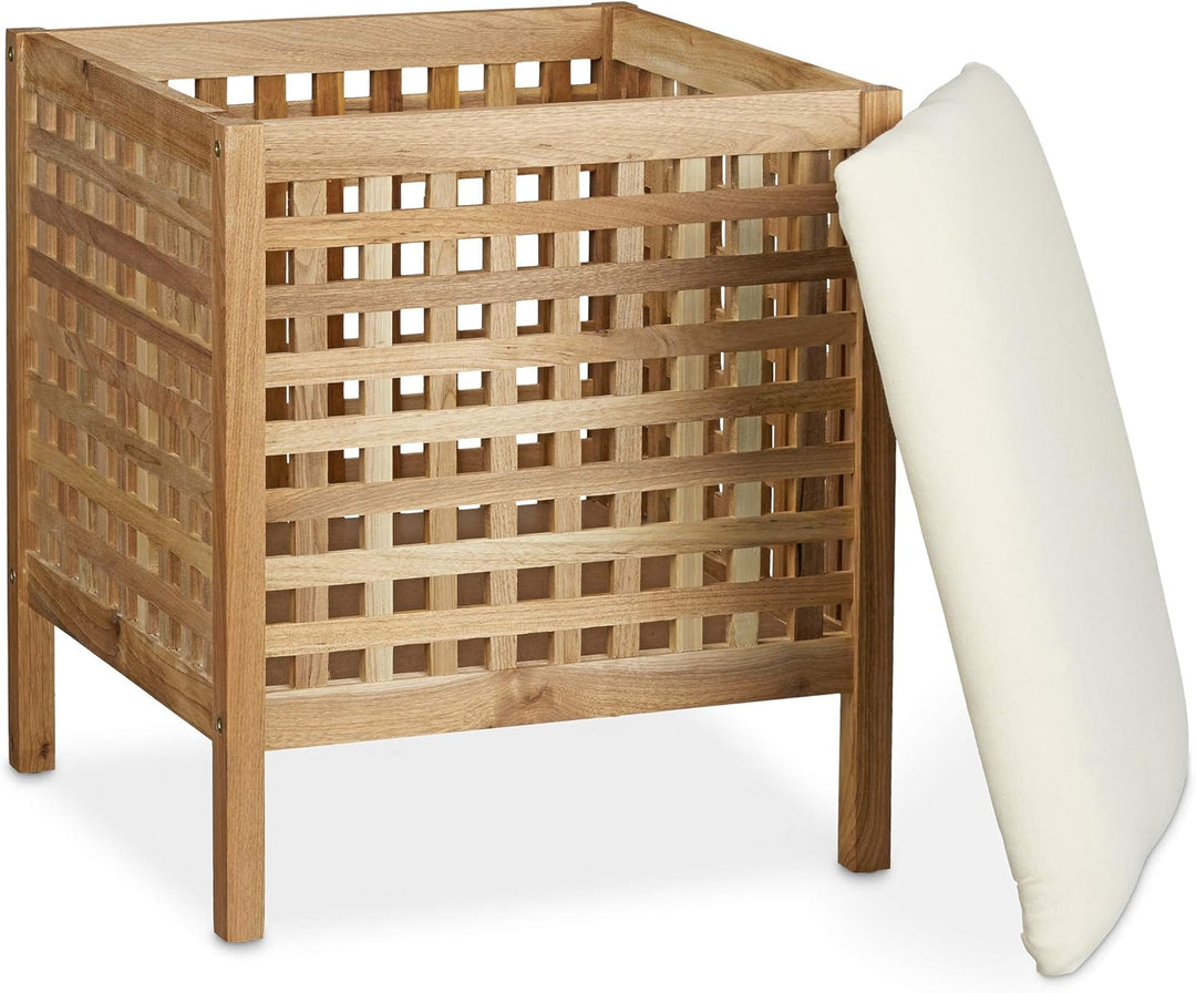 Relaxdays Badhocker Walnuss mit Wäschesammler HBT: 52 x 49 x 49 cm Badhocker mit Sitzkissen aus Lein