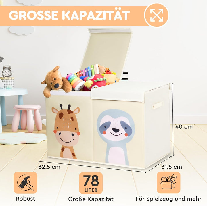 Faltbare Beige Spielzeugkiste mit Deckel und 78 Liter Inhalt. Verbesserte Version. Aufbewahrungsbox