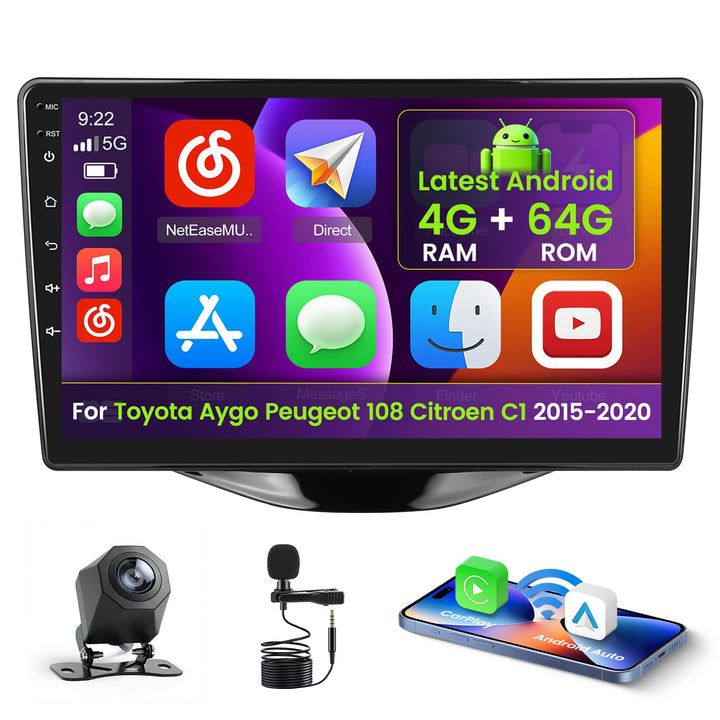 Inefala 4+128G Android 15 Autoradio für Toyota Aygo Peugeot 108 Citroen C1 2015-2020 mit 9'' In-Cell