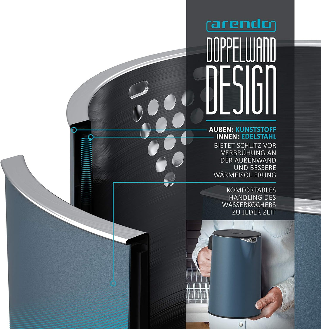 Arendo - Edelstahl Wasserkocher mit Temperatureinstellung 40-100 Grad in 5er Schritten - Doppelwand