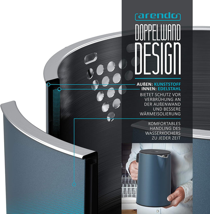 Arendo - Edelstahl Wasserkocher mit Temperatureinstellung 40-100 Grad in 5er Schritten - Doppelwand