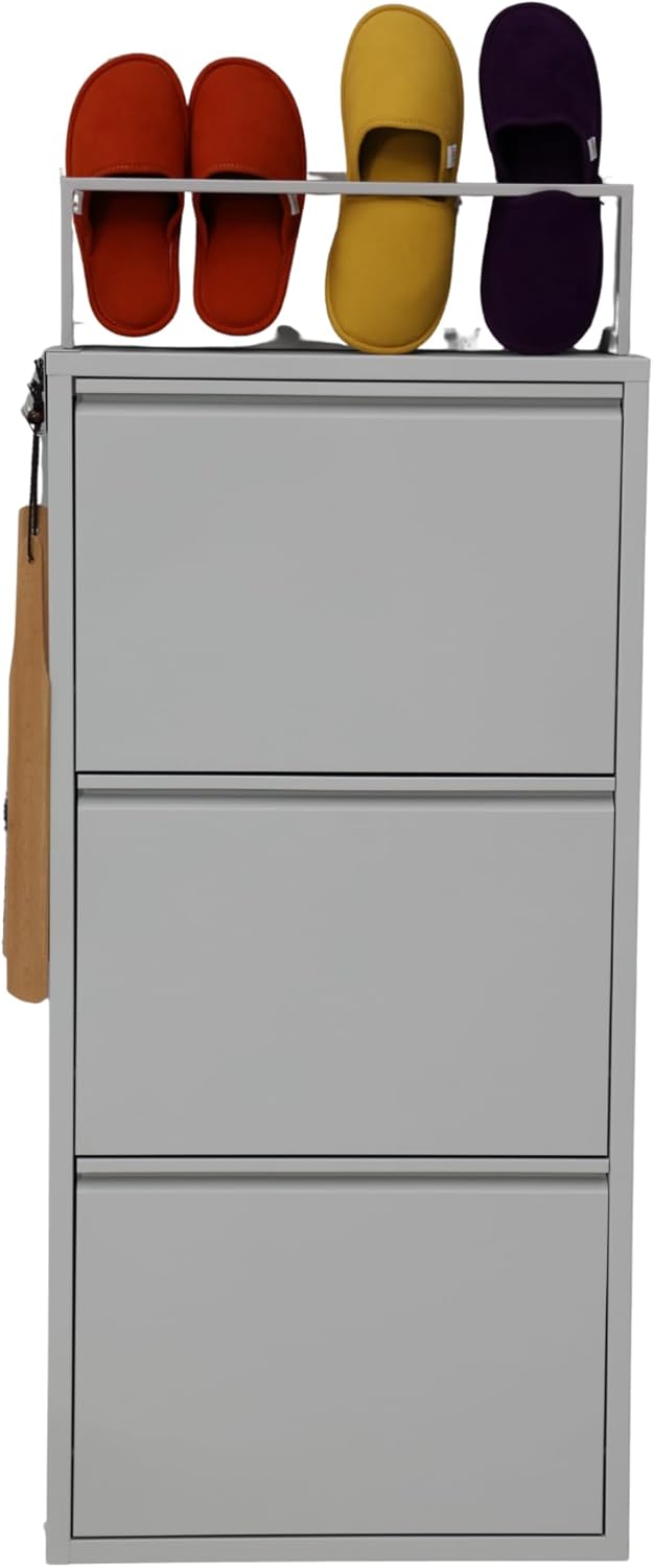 furni24 Schuhschrank Schmal – Platzsparender Metall-Schuhschrank mit Magnetklappen, Platz für 6-10 P