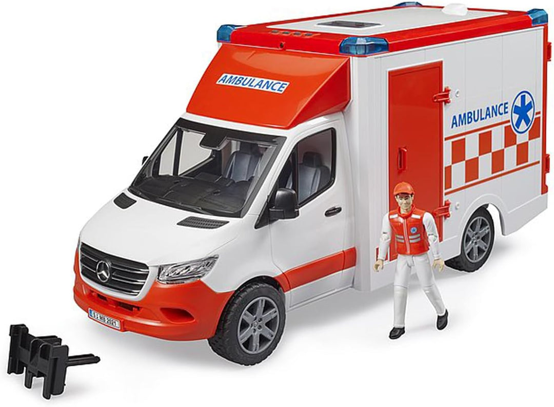 bruder 02676 - Mercedes-Benz Sprinter Ambulanz integriertes Light & Sound Modul Krankentrage Fahrer