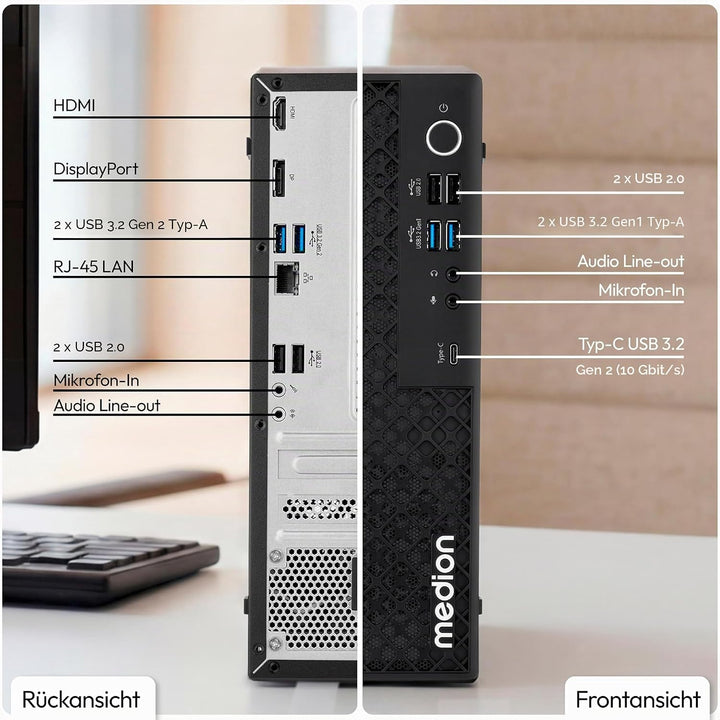 MEDION Picoworx T80 III Mini PC (Slim, Core Ultra 5 228V, 32GB DDR5 RAM, 1 TB SSD, ARC 130V, USB Typ