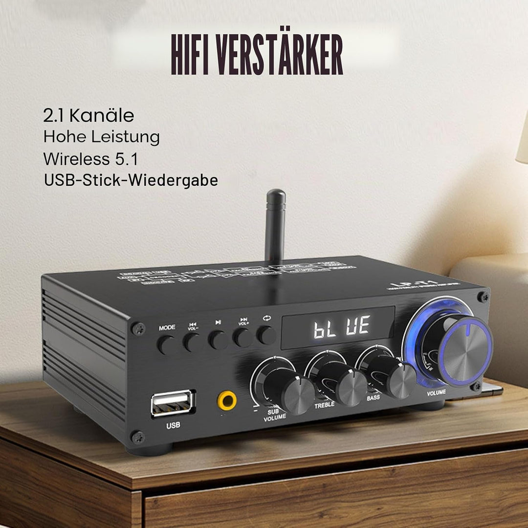 Bewinner 2.1 Kanal -Stereoverstärker mit Bluetooth 5.1, HiFi Digital Subwoofer -Verstärker -Empfänge
