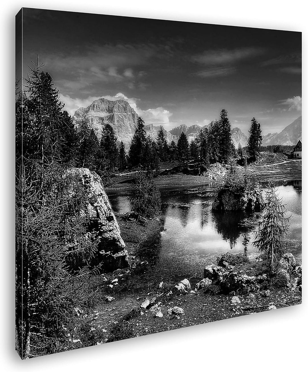 deyoli Holzhütte am klarem See Format: 70x70 Effekt: Schwarz&Weiss als Leinwandbild, Motiv fertig ge
