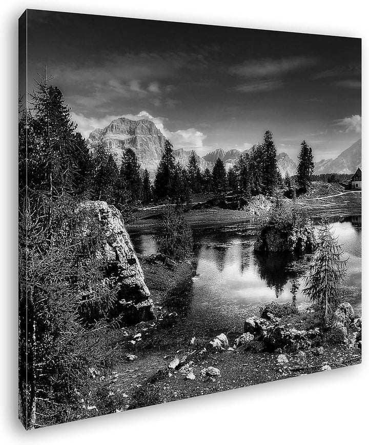 deyoli Holzhütte am klarem See Format: 70x70 Effekt: Schwarz&Weiss als Leinwandbild, Motiv fertig ge