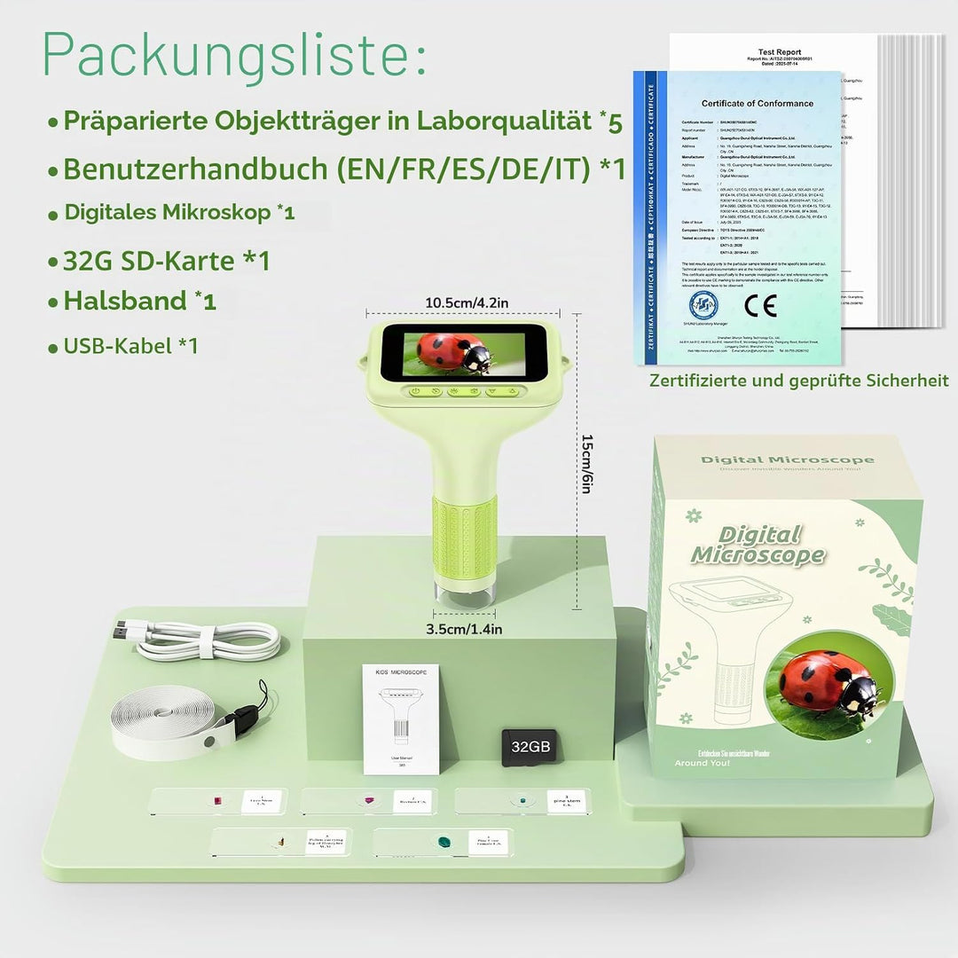 Digitales Mikroskop für Kinder, Mini-Handheld-Miniskop: 1000 x 3 Bildschirme, wiederaufladbar, Mini-