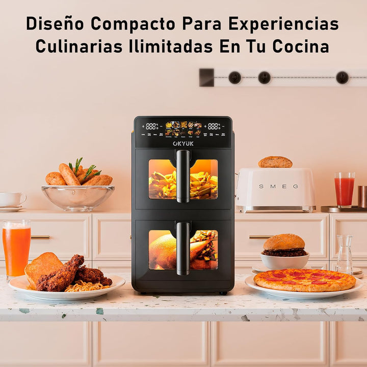 Heissluftfritteuse 2 Kammern 10L Airfryer [2 Fächer je 5l, sehr leiser Betrieb, 10 Programme, 2 Geri