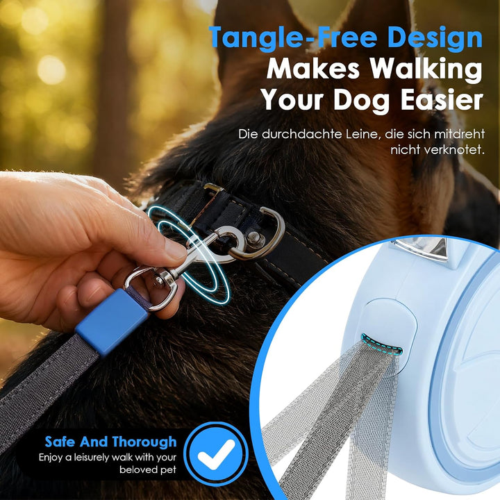 Hundeleine 5m, Ausziehbare Rollleine für Hunde mit LED-Licht und Kotbeutelhalter, 360° Verknotungsfr