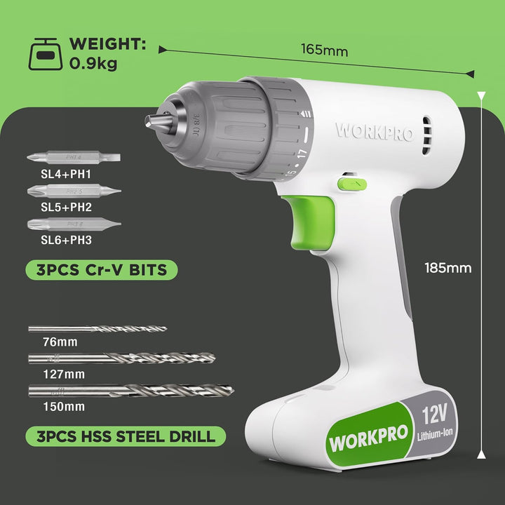 WORKPRO Akkuschrauber 12V, Akku Bohrschrauber 19NM Drehmoment, 3/8" Bohrfutter, 17+1 Drehmomenteinst