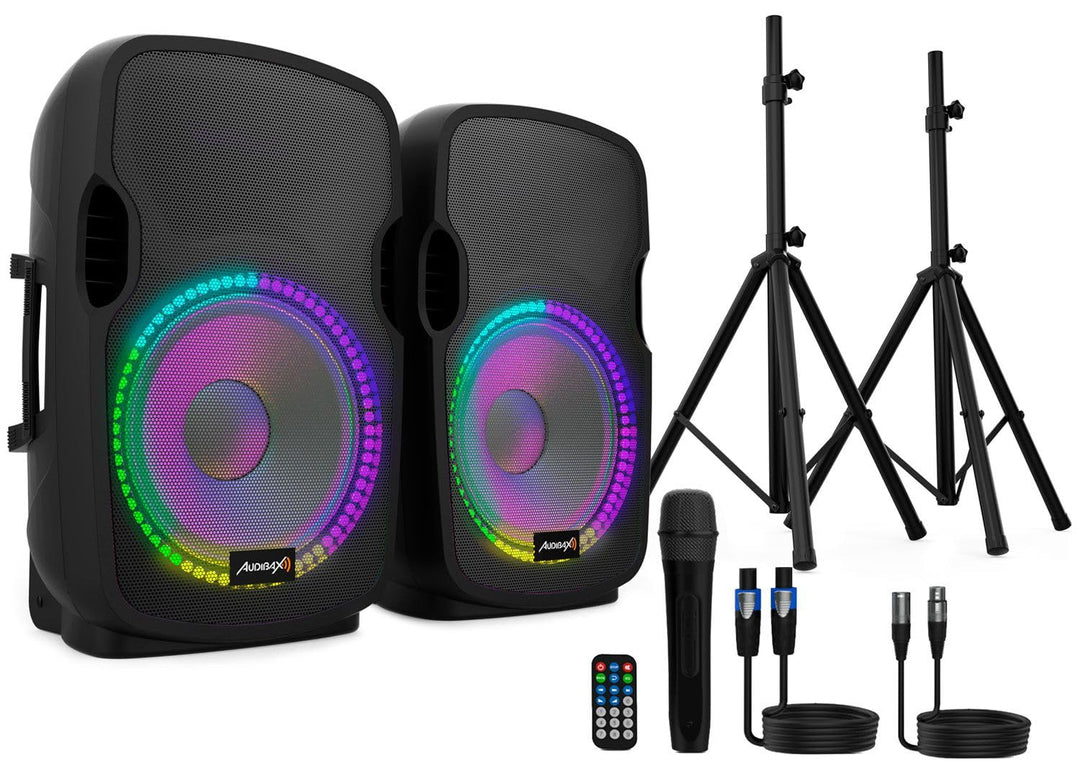 Audibax Party 212 Led Set 2 Altavoces 12" PRO 1000W Pico + Soportes + Cableado + Micrófono