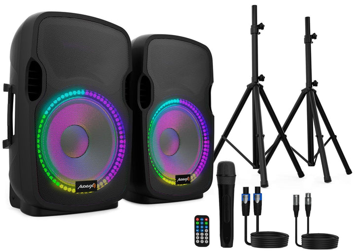 Audibax Party 212 Led Set 2 Altavoces 12" PRO 1000W Pico + Soportes + Cableado + Micrófono