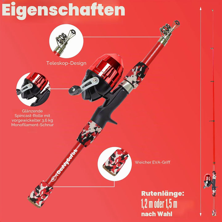 DaddyGoFish Kinder Angelset - Teleskoprute &amp; Rolle Combo mit Klappstuhl, Rutenhalter, Tackle Box, Kö