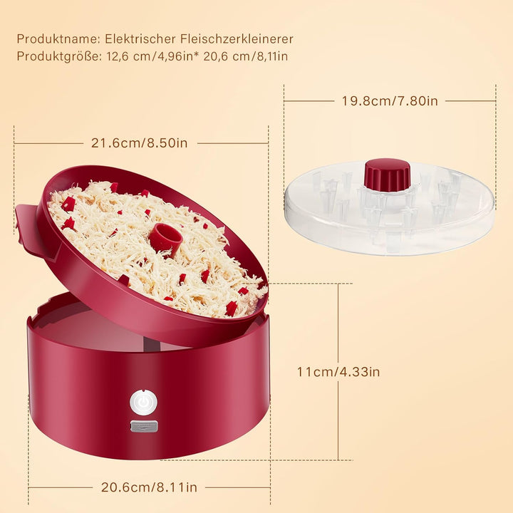 Automatischer Elektrischer Hähnchen-Zerkleinerer|Typ-C Schnellladung & 60min Laufzeit|8"/20CM sichtb