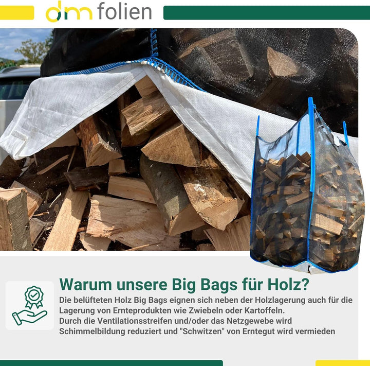 dm-Folien Holz Big Bag 100x100x165cm I 10 Stück I SWL 1.000 kg I Robuster Big Bag Holz mit 2 Ventila