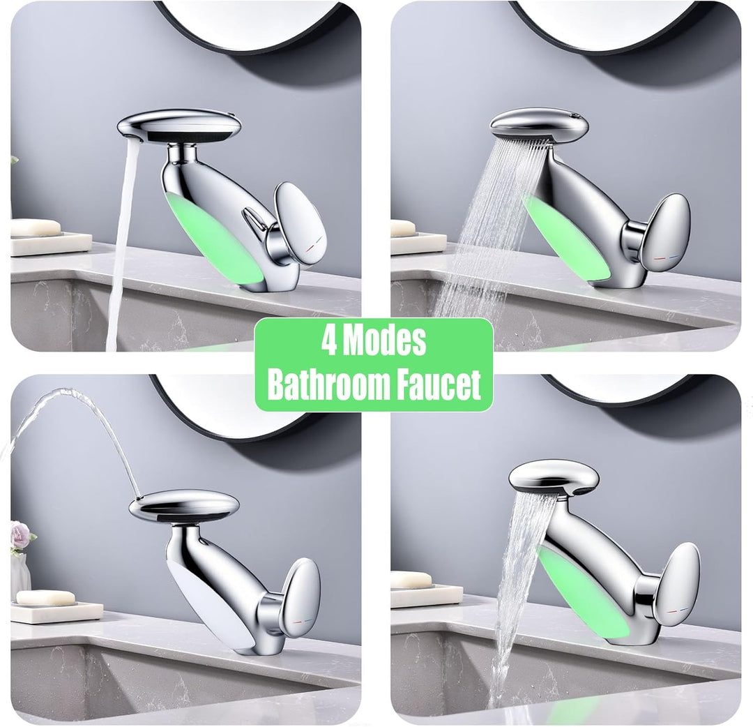 Wasserhahn Bad 4 Modus, LED Waschtischarmatur mit ausziehbarer brause, Wasserfall Mischbatterie Bad,