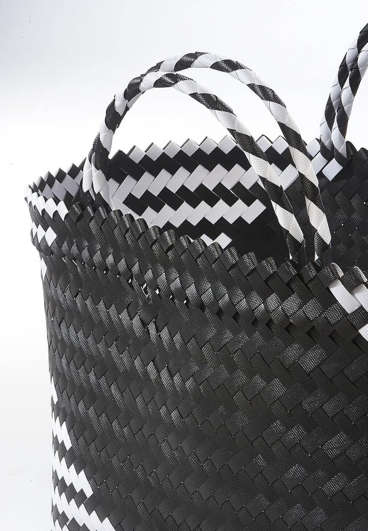 Kobolo Tasche Einkaufskorb geflochten Kunststoff Shopper - ROM XXL - schwarz weiss