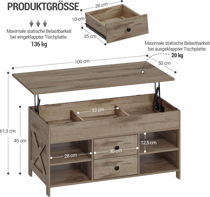 Hzuaneri Couchtisch, höhenverstellbarer Wohnzimmertisch, Sofatisch, 2 Schubladen und Versteckter Sta