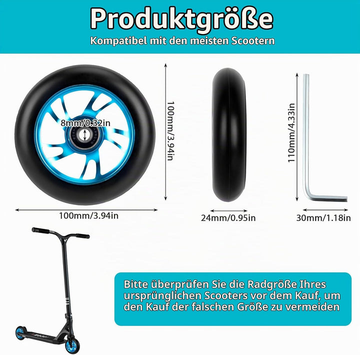 100mm Scooter Rollen Ersatzräder, 2 Stück 88A Stunt Scooter Rollen mit ABEC-9 Lager aus Aluminiumleg