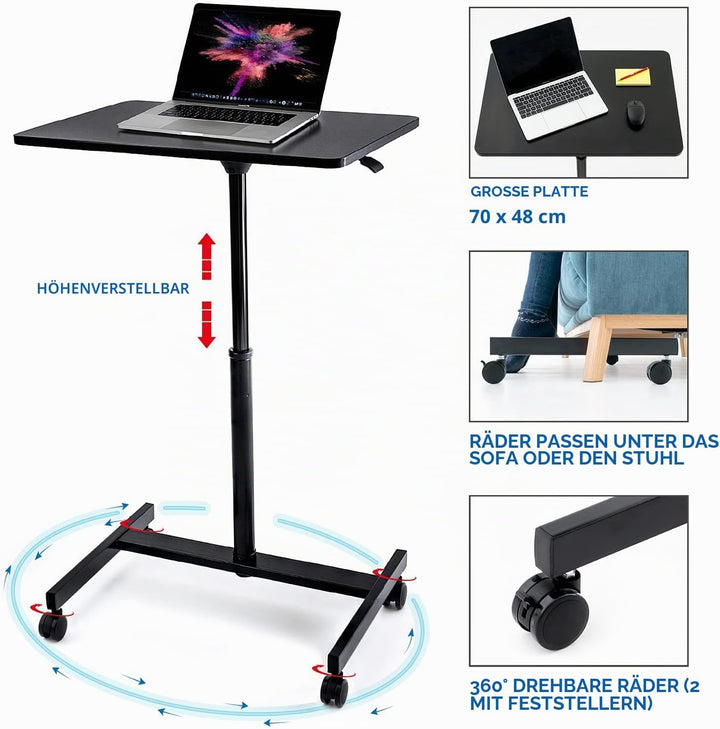 Tatkraft Focus Airlift Pneumatischer Sitz-Steh Laptoptisch mit 4 Rädern, Höhenverstellbar 74-114 cm