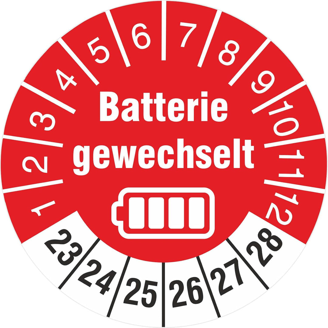 2500 Stück Prüfplaketten Batterie gewechselt 18 mm Prüfetiketten 2023-2028 auf Rolle mit Spenderbox