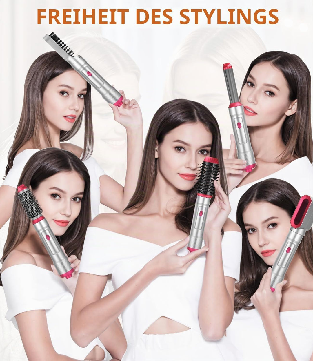 Haarstyler 6 in 1,Warmluftbürste mit 1000W Haarföhn,Lockenstab,Warmluftbürste,Rundbürstenföhn,Glättb