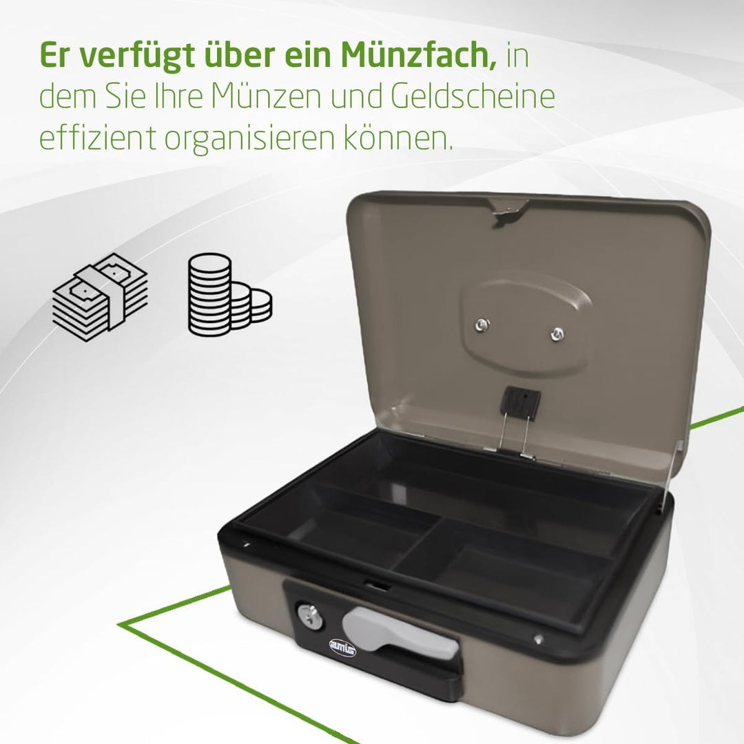 Amig - Sicherheits Geldkassette aus Stahl | Mit Münzschale und 2 Schlüsseln | Robust und Tragbar | I