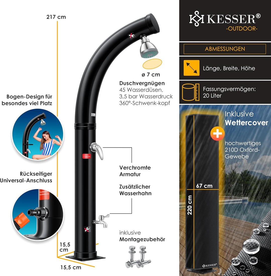 KESSER® Solar Gartendusche Solardusche Bogen Inkl. Schutzhaube warmes Wasser | 20 Liter | max. 60°C