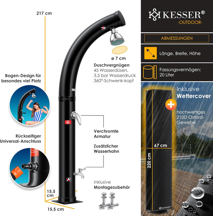 KESSER® Solar Gartendusche Solardusche Bogen Inkl. Schutzhaube warmes Wasser | 20 Liter | max. 60°C