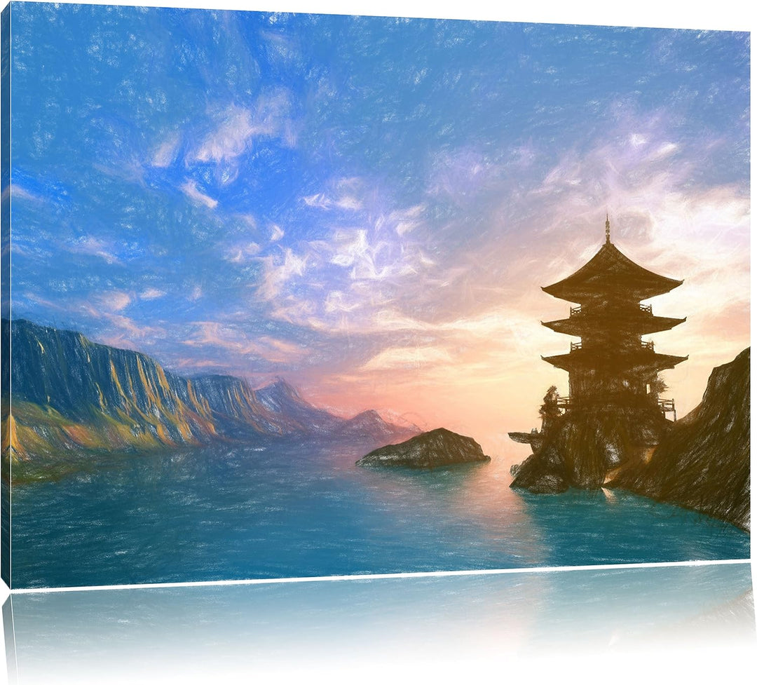 Pixxprint Bezaubernder Tempel in grossem Tal Kunst Buntstift Effekt, Format: 100x70 auf Leinwand, 10