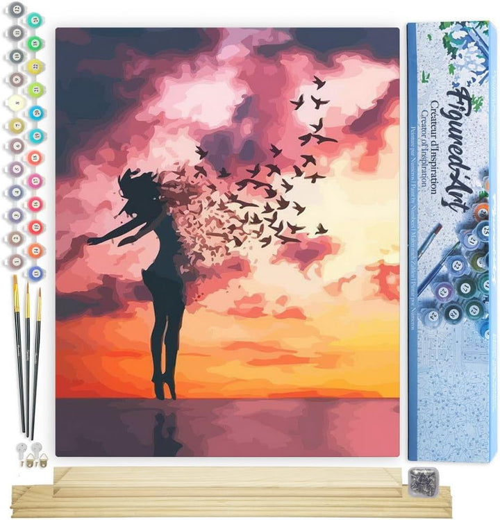 Figured'Art Malen Nach Zahlen Erwachsene Mit Rahmen Frau und Vögel - Paint by Numbers Basteln DIY Ba