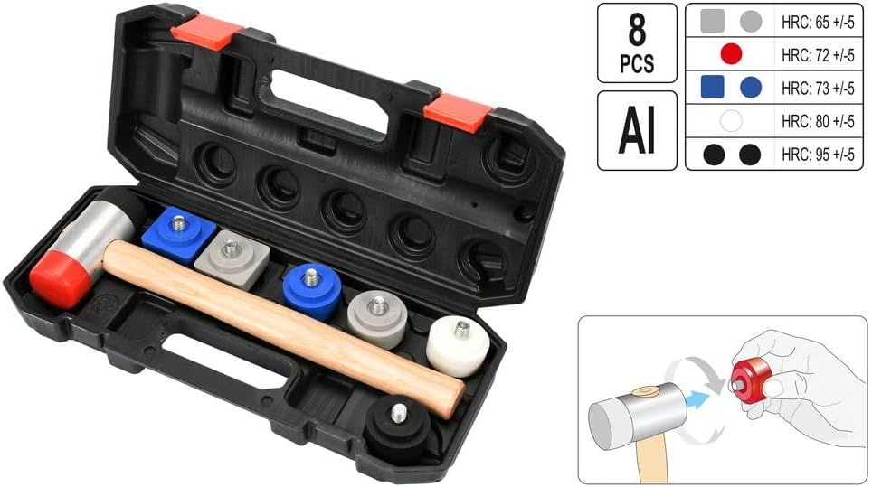 Schonhammer Set Gummihammer Doppelkopfhammer mit gemischten Schlagköpfen Ersatzköpfen 8 tlg. in Box