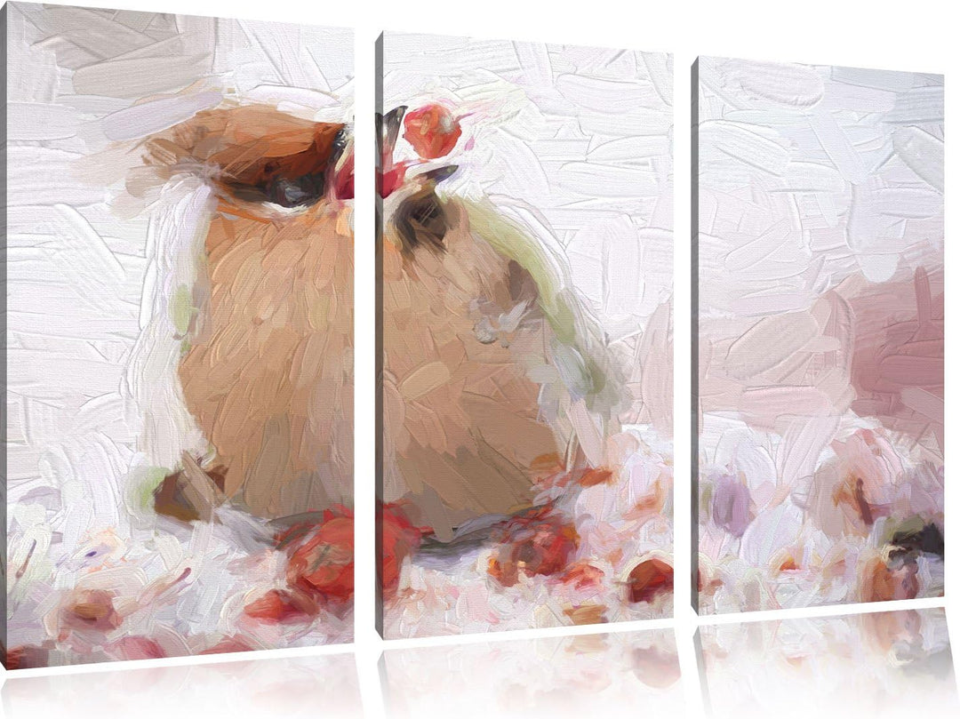 Pixxprint Kleiner Vogel im Schnee Pinsel Effekt 3-Teiler Leinwandbild 120x80 Bild auf Leinwand