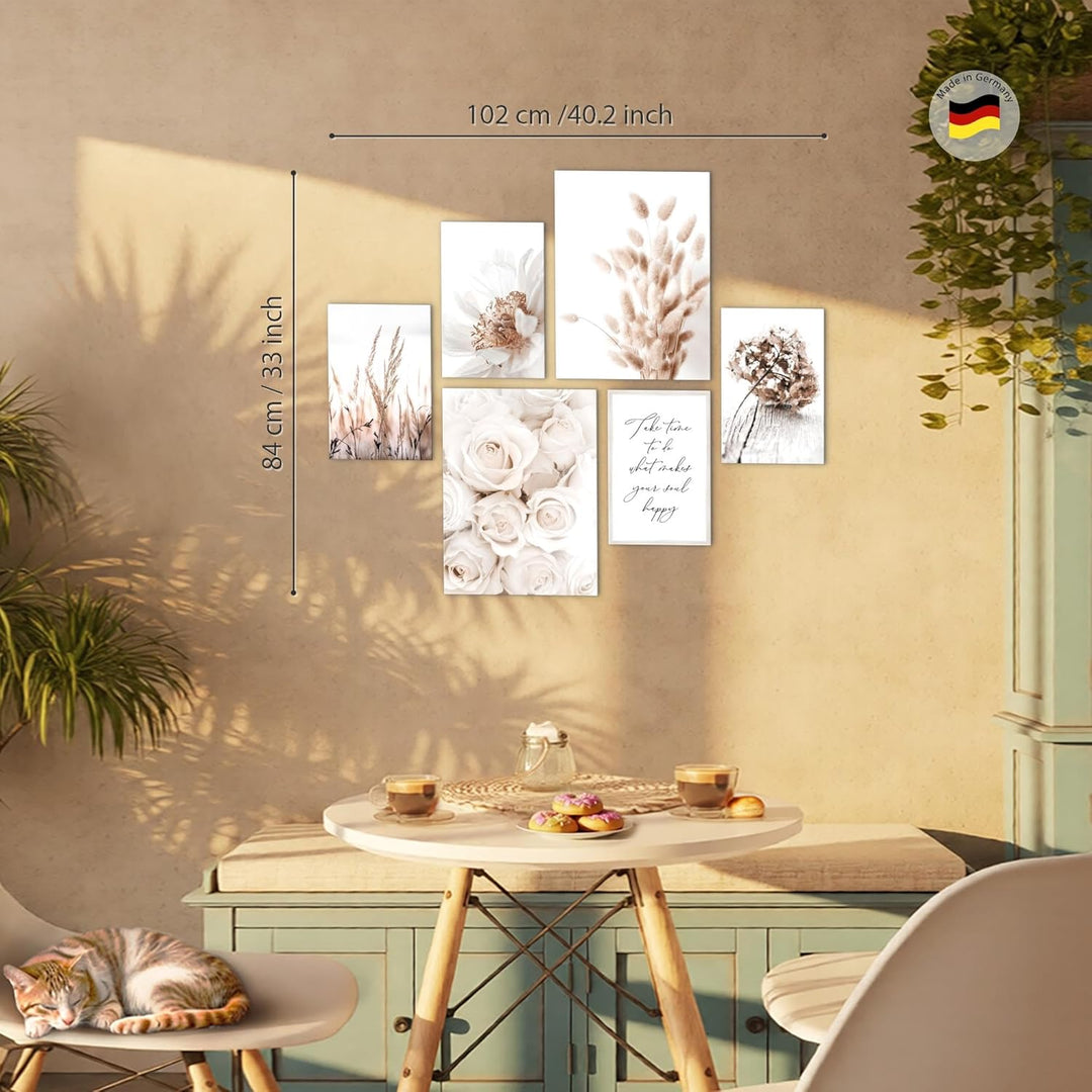 Novart Bilder Set - AUFHÄNGFERTIG - KEIN EXTRA RAHMEN BENÖTIGT - Boho Blumen Modern Beige - Wohnzimm