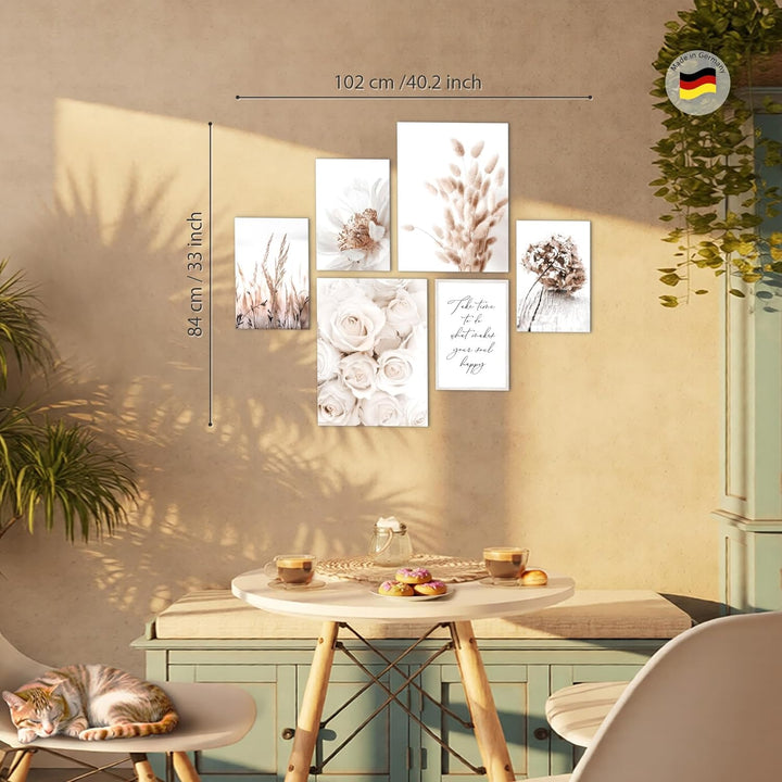 Novart Bilder Set - AUFHÄNGFERTIG - KEIN EXTRA RAHMEN BENÖTIGT - Boho Blumen Modern Beige - Wohnzimm