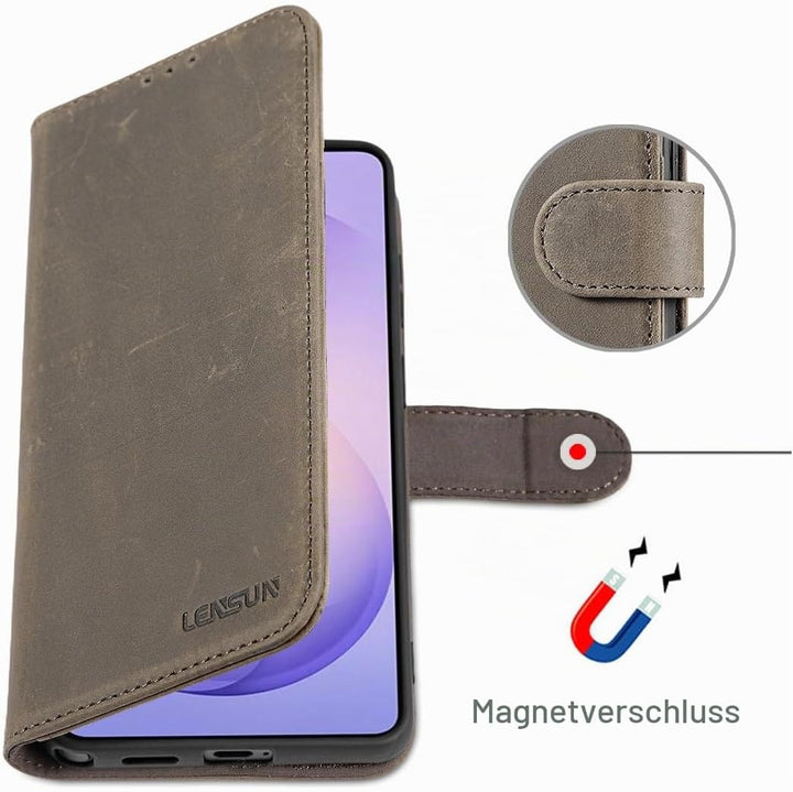 LENSUN Lederhülle für Samsung Galaxy S26 Ultra, Handyhülle [Echtes Leder][RFID Schutz][Kartenfach] E