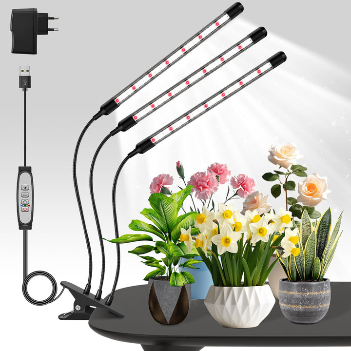 1Pack 3Köpfe Pflanzenlampe LED, Pflanzenlicht Vollspektrum, Pflanzenleuchte mit Zeitschaltuhr, 3 Far